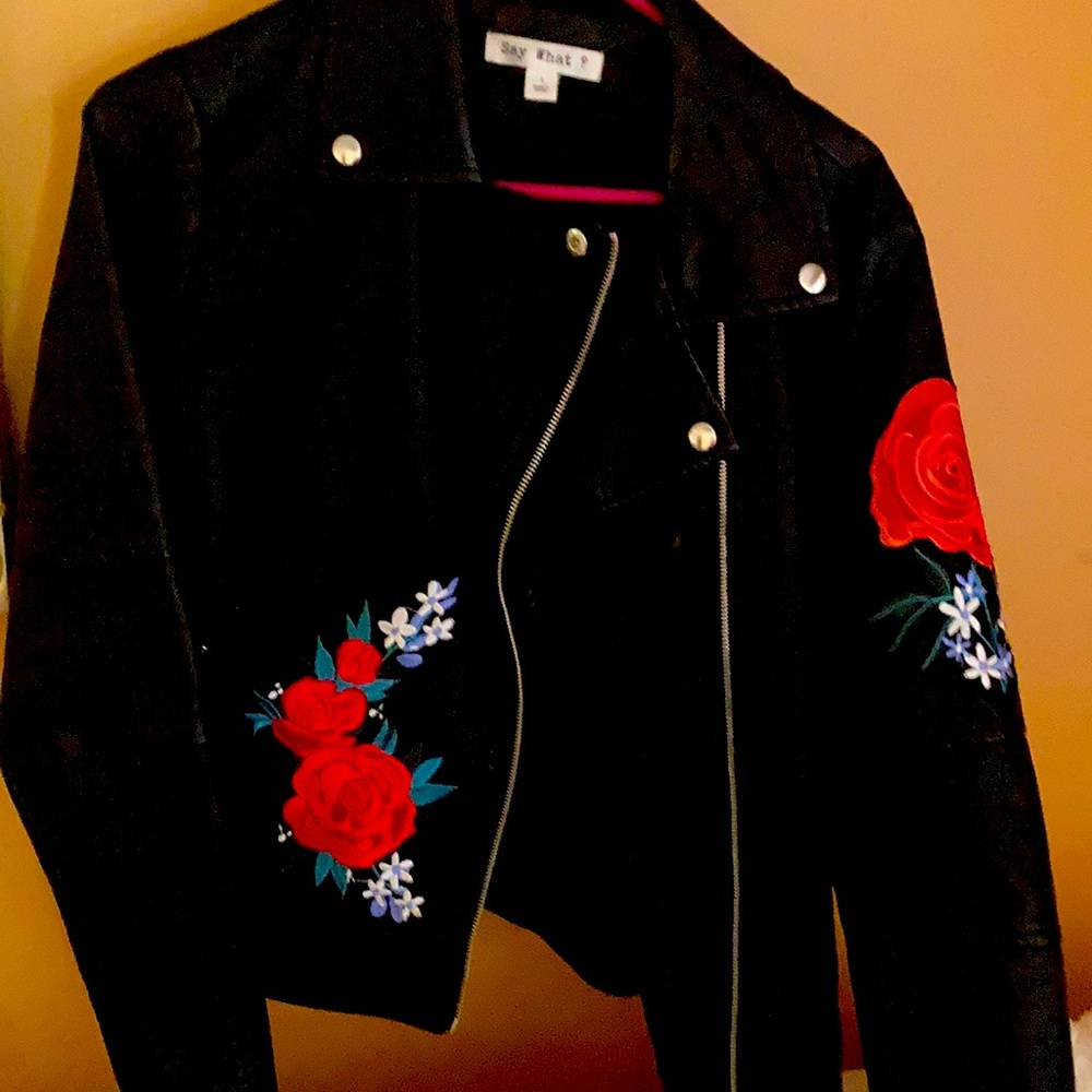 Faux leather jacket with red roses on front